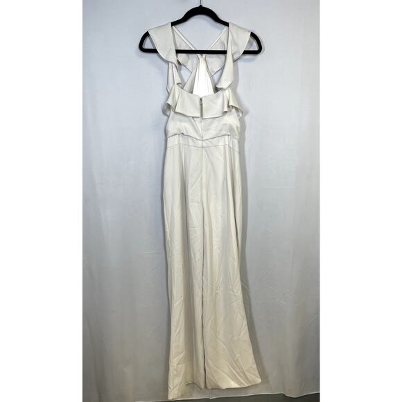 ML MONIQUE LHUILLIER Ruffle Halter Wide Leg Jumpsuit in White Size 6 $495 - Picture 11 of 16